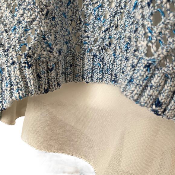 Lucky Brand Blue White Open Knit Scoop Neck Boho Knit Sweater Shirt Size Medium - Picture 9 of 16